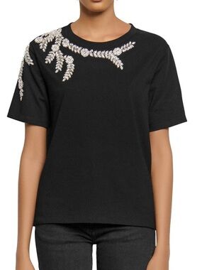 Sandro Black Tee with Crystal Neckline Embellishment